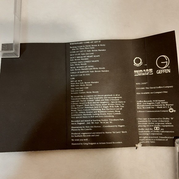 Whitesnake Come An' Get It Cassette Tape Metal Hard Rock 1981 Geffen READ - Picture 13 of 15